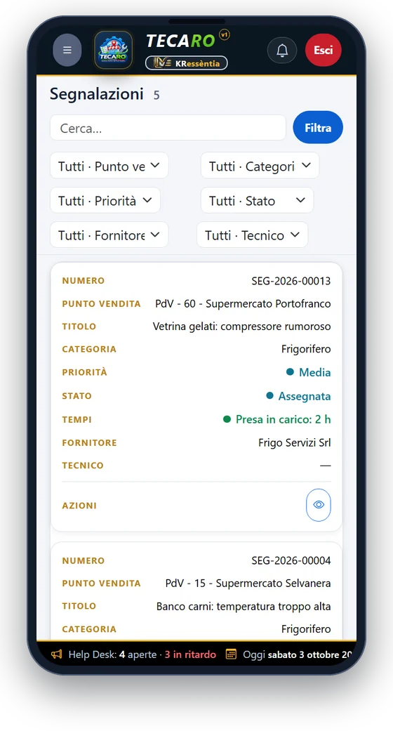 Telefono del fornitore: l'elenco delle segnalazioni assegnate alla sua ditta, con priorità, stato e tempi