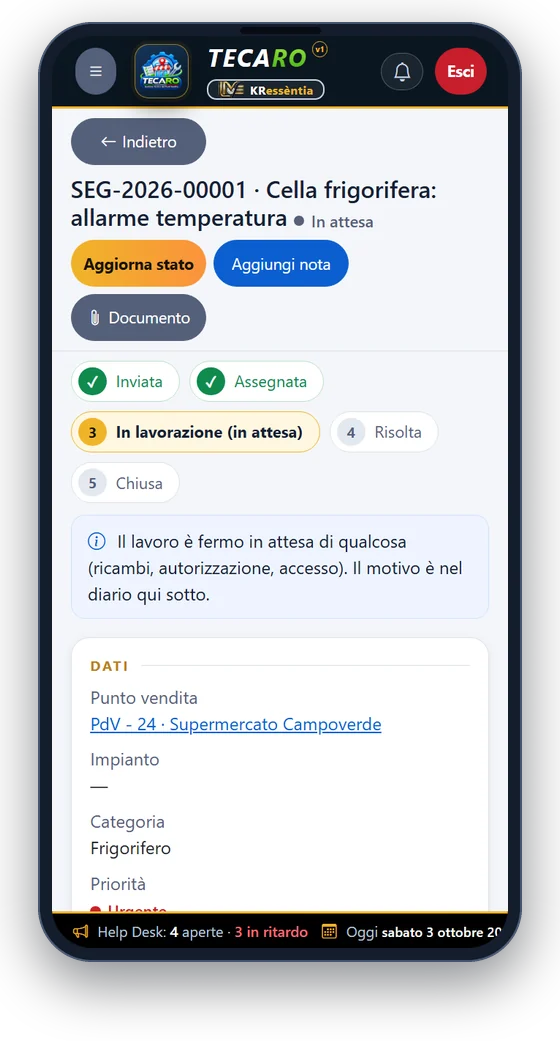 Telefono del fornitore: la scheda di una segnalazione con il percorso dei passaggi e i pulsanti per aggiornare lo stato e aggiungere una nota