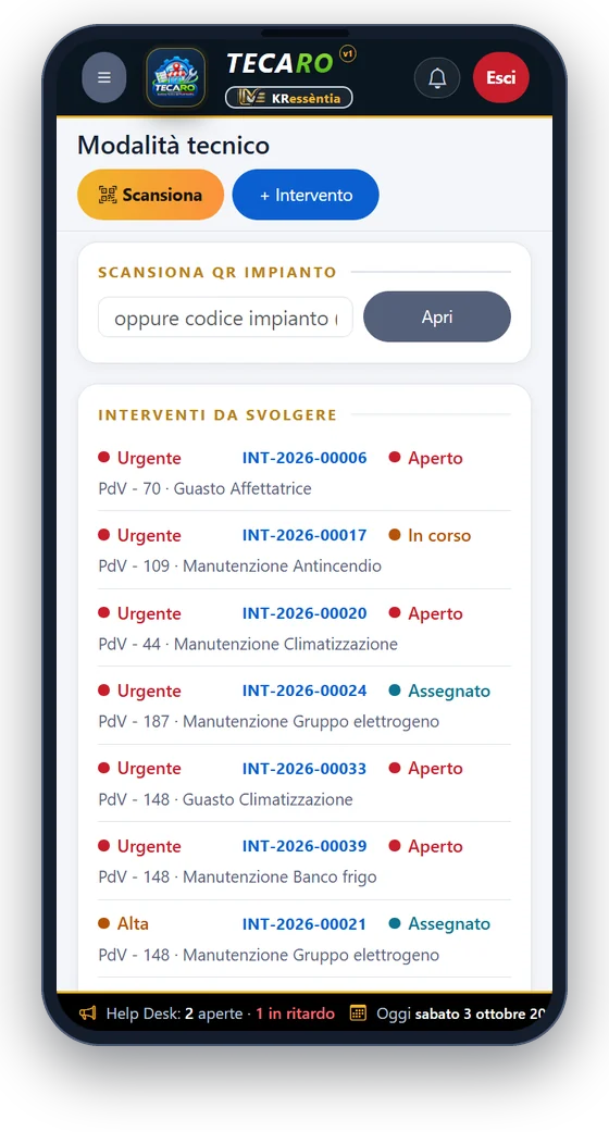 Telefono del tecnico: l'elenco degli interventi da svolgere, in ordine di urgenza, con la scansione del codice QR dell'impianto